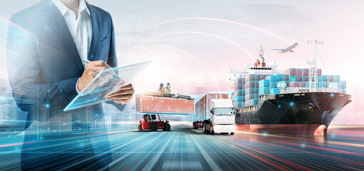 Smart Logistics Global Business and Warehouse Technology Management System Concept, Businessman...