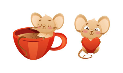 Little Mouse Character with Long Tail and Big Ears Holding Red Heart and Bathing in Coffee Cup Vector Set