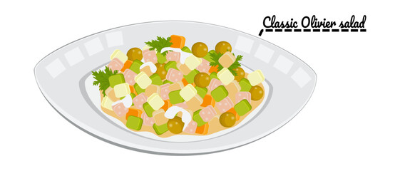 Traditional Olivier salad. Foodstuffs. Vector. Graphics. Recipes. Cooking. 