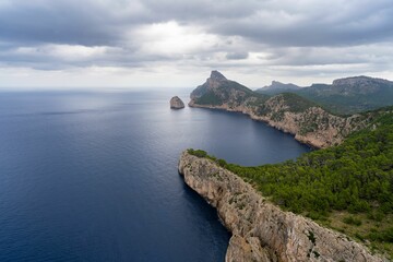 Aerial view of the shore of Mirador des Colomer in Mallorca, Balearic Islands