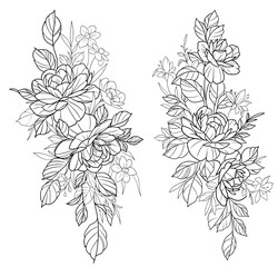 Peony flower bunch outline black and white vector SVG