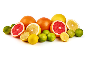 Composition of citrus fruits, Grapefruits, lemon, lime, isolated on white background.