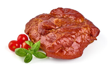 Roasted pork meat, smoked spicy glazed meat, isolated on white background.