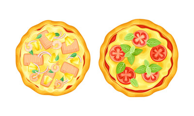 Appetizing Italian Pizza as Round Hot Dough Topped with Seafood and Tomato Above View Vector Set