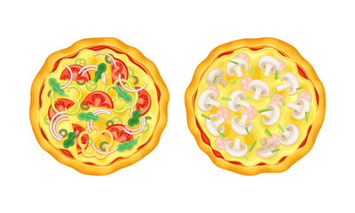 Appetizing Italian Pizza as Round Hot Dough Topped with Mushroom and Tomato Above View Vector Set