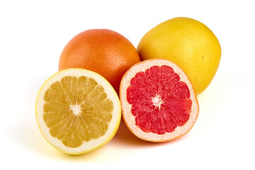 White and pink grapefruits, isolated on white background.