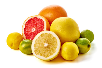 Obraz na płótnie Canvas Composition of citrus fruits, Grapefruits, lemon, lime, isolated on white background.