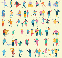 Set of vector ready to animation people characters performing various activities. Group of men and women flat design style cartoon characters isolated