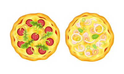 Appetizing Italian Pizza as Round Hot Dough Topped with Seafood and Salami Above View Vector Set