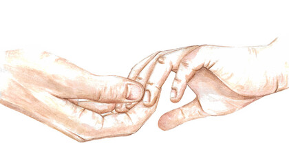 Hand-drawn watercolor illustration of two touching hands. Parts of the body. Idea for postcards, posters, books, print, etc.