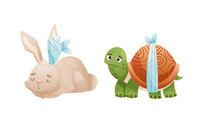 Sick Bunny and Turtle Animal with Bandage on Ear and Shell Vector Set