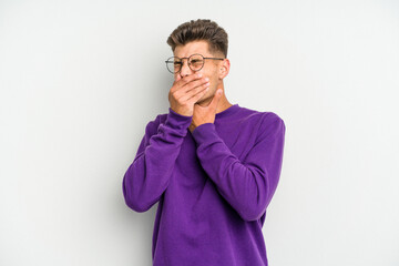 Young caucasian man isolated on white background suffers pain in throat due a virus or infection.
