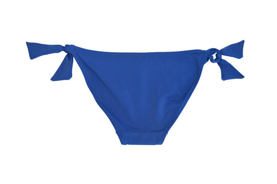 Blue women's bikini panties isolated on white background. Back view. Element of a beach swimsuit. Sports, recreation.