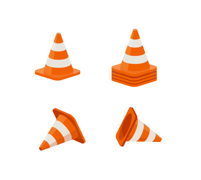 Striped Orange Plastic Traffic Cones Icons, Flat Vector Illustration Isolated.