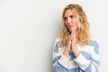 Fototapeta premium Young caucasian woman isolated on white background making up plan in mind, setting up an idea.