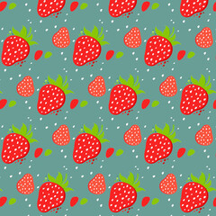 Pattern. Strawberry berries. Flat style. Red berries with green leaves on a dark green background.