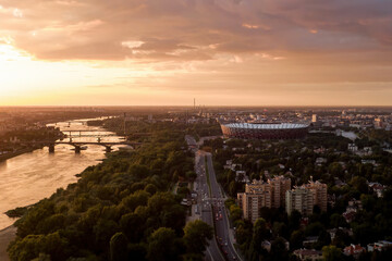 Poland National Stadium in Warsaw capital city. Aerial drone view. - obrazy, fototapety, plakaty