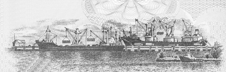 Port of Sihanoukville (Kampong Saom); ships being loaded;, Portrait from Cambodia 1000 Riels 2007 Banknotes.