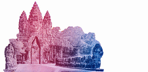 Sculpture art of Banteay Srei temple printed in silver ink; Sculpture of naga serpent; Victory Gate at Angkor Thom, Portrait from Cambodia 1000 Riels 2007 Banknotes.