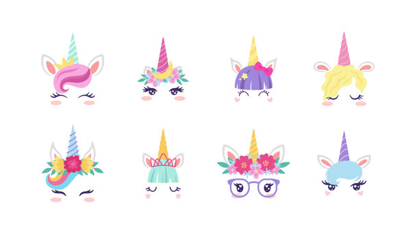 Unicorn masks set with cute accessories and flowers, flat vector isolated.