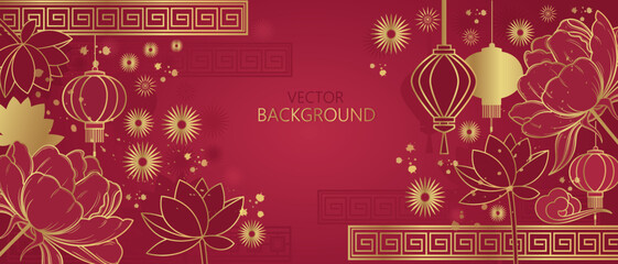 Vector banner with golden lotus flowers and peonies on a red background. Chinese background	