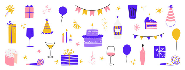Big birthday clipart. Collection of festive icons - cakes, garlands, balloons, candles, gifts, glasses and bottles. Vector illustrations for stickers, prints, postcard design. Isolated elements