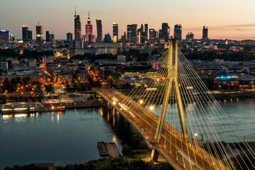 Poland, Warsaw at sunset. Aerial drone skyline.