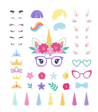 Unicorn accessories for prints or photo booth, flat vector illustration isolated.