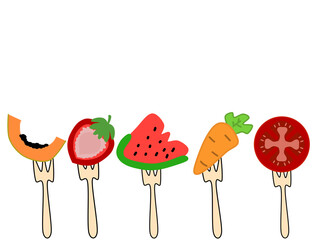 illustration, design, logo, concept, vegan, fruit and vegetable skewer fork isolated  white background - obrazy, fototapety, plakaty