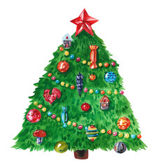 Watercolor Christmas tree. A large green Christmas tree with colorful toys, a garland and a red star on a white background