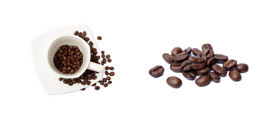 Cup of coffee and coffee beans isolated on white background