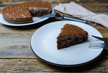 Homemade delicious cake with chocolate hazelnuts, sliced chocolate cake.