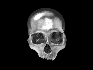 Shiny bumpy chrome skull with no lower jaw - front view - 3D Illustration