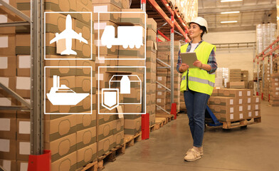 Illustration of shipping icons and woman with tablet working at warehouse. Logistics center