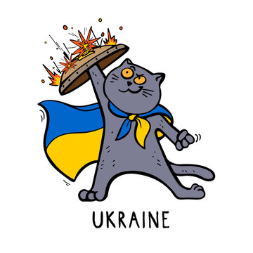 Ukrainian superhero Cat Patriot with a shield defends himself from explosions and war