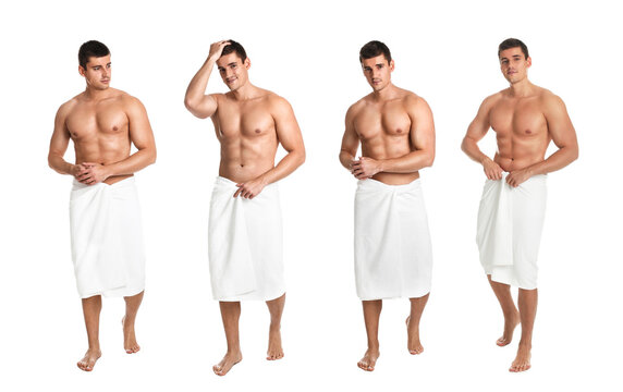 Collage with photos of attractive man with soft towels on white background. Banner design