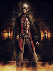 Dark scene with a zombie pirate standing in a dungeon and holding a sword. 3D render - the man is a 3D object. - 520640026