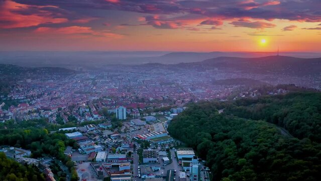Stuttgart city germany skyline aerial view time lapse drone video in 4k. Stuttgart aerial at sunrise time lapse hyperlapse.