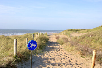 Signe d& 39 un chemin d& 39 équitation. Vue depuis le sommet des dunes sur le coucher du soleil en mer du Nord. Le Meijendel, réserve naturelle à Wassenaar. Hollande méridionale, Pays-Bas.