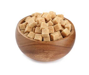 Wooden bowl with brown sugar cubes isolated on white