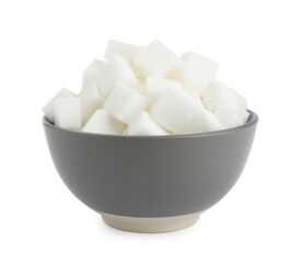 Bowl with cubes of refined sugar isolated on white