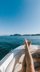 First person view of a man relaxing on a boat