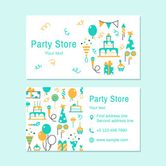 Party Store color business card template. Event service visit card design. Bright celebrating flat line elements for birthday carnival festival. Fun cake slice balloon candy gift vector illustration.
