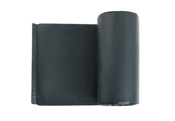 Roll of black garbage bags on white background, top view. Cleaning supplies