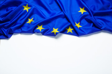 Flag of European Union on white background, top view. Space for text - obrazy, fototapety, plakaty