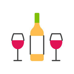Wine bottle and two glasses flat line icon isolated on white background. Color red wine alcohol beverage tasting. Romantic party event symbol logo design. Abstract minimal drink vector illustration.