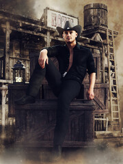 Cowboy dressed in black sitting on a wooden crate in front of an old abandoned building. 3D render - the man is a 3D object.