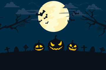 Happy halloween illustration with pumpkins and night full moon mystery graveyard