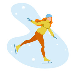 girl skating on ice in winter in a blue hat on a blue background