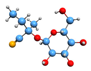 3D image of Lotaustralin skeletal formula - molecular chemical structure of cyanogenic glucoside isolated on white background
